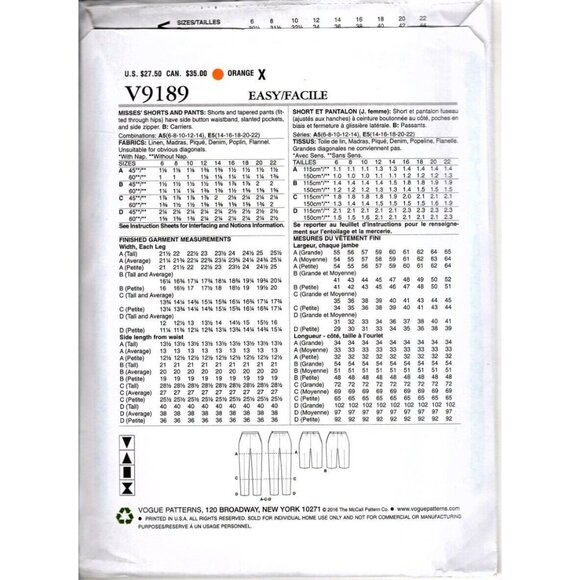 Vogue V9189 Misses 6 to 14 Circa 1960 Shorts and Pants UNCUT Sewing Pattern - Picture 2 of 2